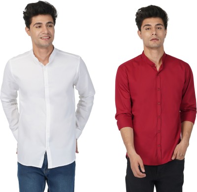 BASE 41 Men Solid Casual White, Red Shirt(Pack of 2)