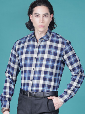 V-MART Men Checkered Formal Blue Shirt