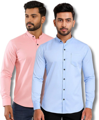 CROWNTAIL Men Solid Casual Pink, Light Blue Shirt(Pack of 2)