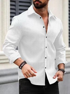 DEEMOON Men Checkered Casual White Shirt