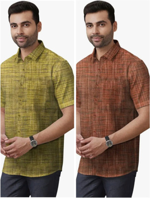 Fems Men Solid Formal Yellow, Orange Shirt(Pack of 2)