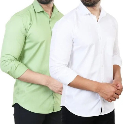 Hansroop Men Solid Casual White, Light Green Shirt(Pack of 2)