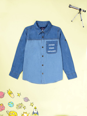KiddoPanti Boys Self Design, Color Block Casual Light Blue Shirt
