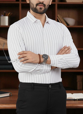 MOJAMEDI Men Striped Formal White Shirt