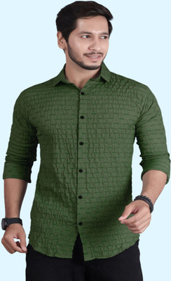 PEARL OCAN Men Self Design Casual Dark Green Shirt