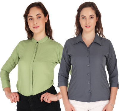 HEAVENS CREATIONS Women Solid Casual Grey, Light Green Shirt(Pack of 2)