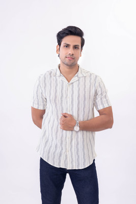 Klafter Men Striped Casual Cream, Black Shirt