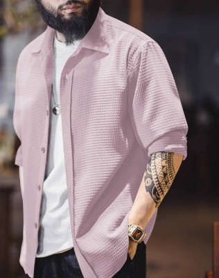 BUSCOT Men Self Design Casual Pink Shirt