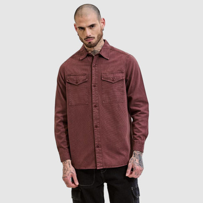 Snitch Men Solid Casual Brown Shirt