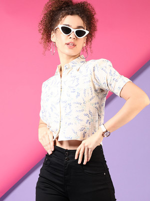 V-MART Women Printed Casual Beige, Blue Shirt