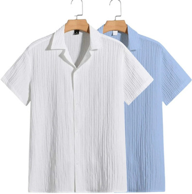 METRONAUT Men Self Design Casual White, Light Blue Shirt(Pack of 2)