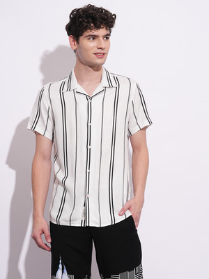 BEING HUMAN Men Striped Casual Beige, Black Shirt