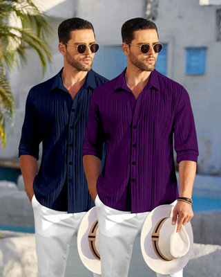 HEMAS LIFESTYLE Men Self Design, Striped Casual Dark Blue, Purple Shirt(Pack of 2)