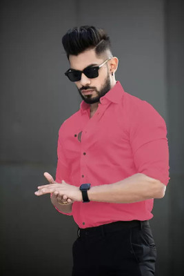 WONSA Men Solid Formal Pink Shirt
