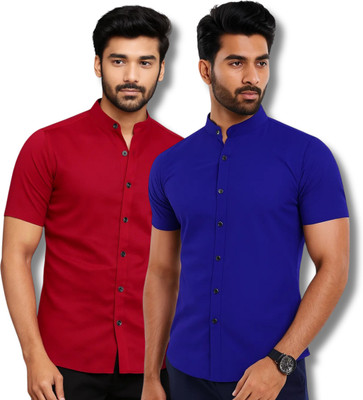 RANGFIT Men Solid Casual Maroon, Dark Blue Shirt(Pack of 2)