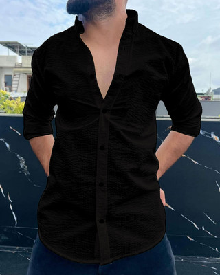 QSHOPQ Men Self Design Casual Black Shirt