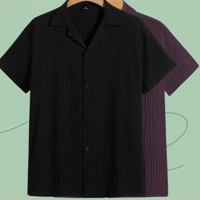 Looksky Men Self Design Casual Black, Purple Shirt(Pack of 2)