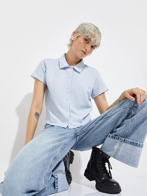 MAX Women Self Design Casual Blue Shirt