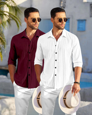 HEMAS LIFESTYLE Men Self Design, Striped Casual Maroon, White Shirt(Pack of 2)