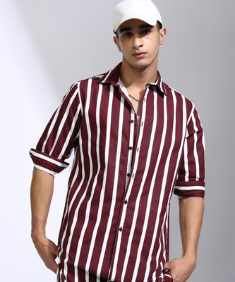 HIGHLANDER Men Striped Casual Maroon Shirt