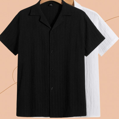 Jenil Fashion Men Self Design Casual Black, White Shirt(Pack of 2)
