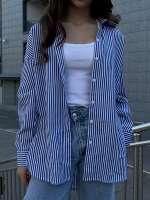 HouseOfCommon Women Striped Casual Blue Shirt