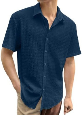 COMBRAIDED Men Self Design Casual Blue Shirt