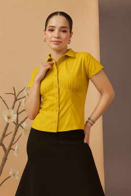 RudraRobes Women Striped Casual Yellow Shirt