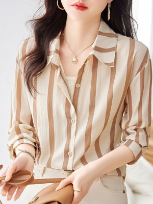 OUTZIDR Women Striped Casual Yellow Shirt