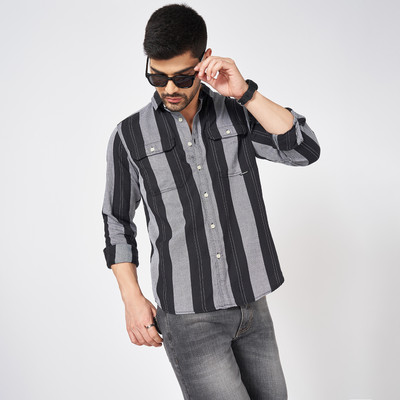 SF Jeans by Pantaloons Men Dyed/Ombre Casual Black, Grey Shirt