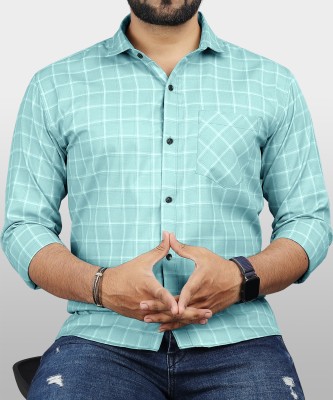 VeBNoR Men Checkered Casual Light Blue Shirt