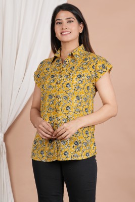 RIJHARI Women Printed Casual Yellow, Dark Blue, White Shirt