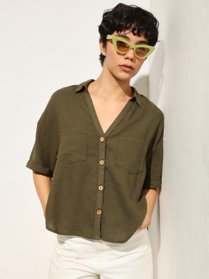 ONLY Women Solid Casual Dark Green Shirt