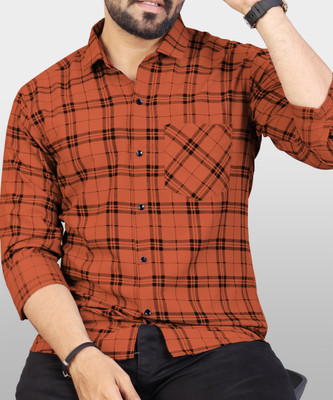 VeBNoR Men Checkered Casual Orange Shirt