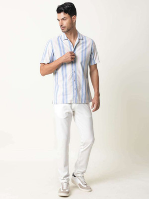 RARE RABBIT Men Striped Casual White, Blue Shirt