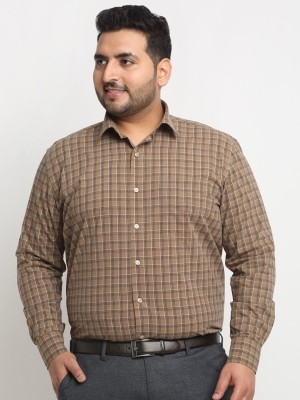 PLUSS Men Checkered Formal Brown Shirt