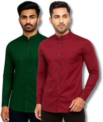 CROWNTAIL Men Solid Casual Green, Maroon Shirt(Pack of 2)
