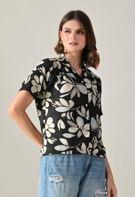 FUBACK Women Floral Print Casual Black Shirt