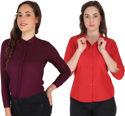 Miranga Women Solid Casual Red, Purple Shirt(Pack of 2)
