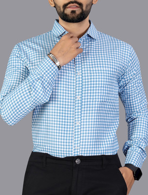 MILDIN Men Checkered Formal Light Blue Shirt