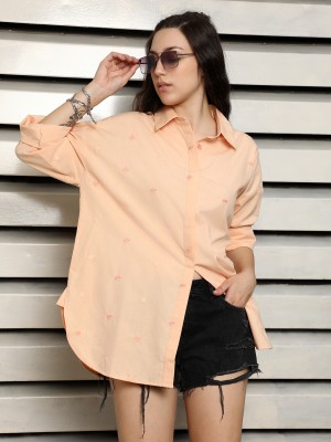 High Star Women Self Design Casual Orange Shirt