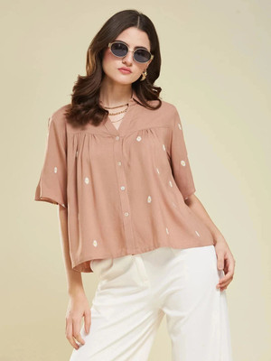 J TURRITOPSIS Women Embroidered Casual Beige Shirt