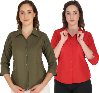 HEAVENS CREATIONS Women Solid Formal Dark Green, Red Shirt(Pack of 2)