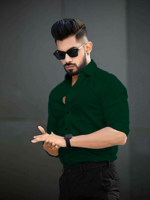 HouseOfCommon Men Solid Casual Dark Green Shirt