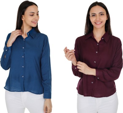 AKSHA CREATION Women Solid Casual Dark Blue, Maroon Shirt(Pack of 2)