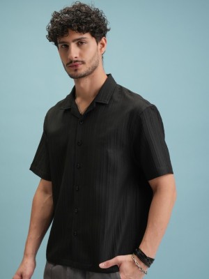 Solbiza Men Striped Casual Black Shirt