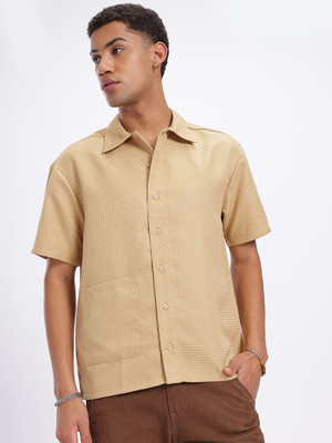 Glitchez Men Self Design Casual Beige Shirt