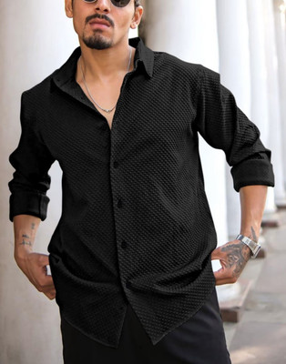 JACKBELLA Men Self Design Casual Black Shirt