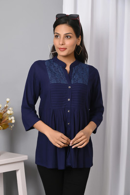 IQRAAR Women Self Design Casual Dark Blue Shirt