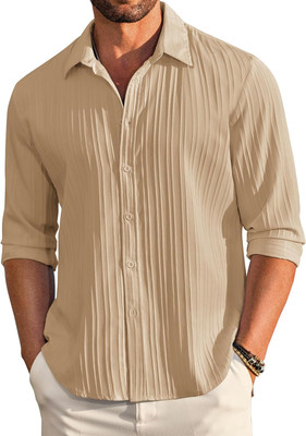 DEEMOON Men Striped Casual Beige Shirt